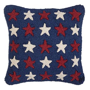 Many Stars Red and White on Blue - Hooked Wool Pillow